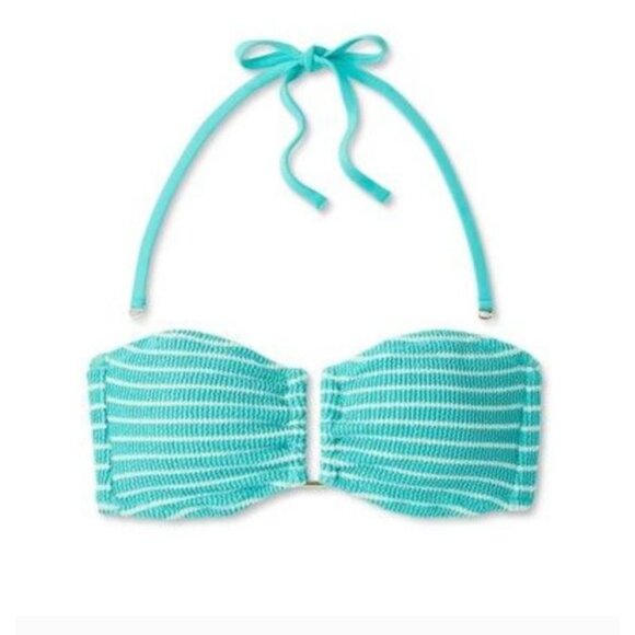 SHADE & SHORE BIKINI TOP PUCKER FRONT U-WIRE BANDEAU TEXTURE STRIPED TEAL LARGE - Picture 3 of 6